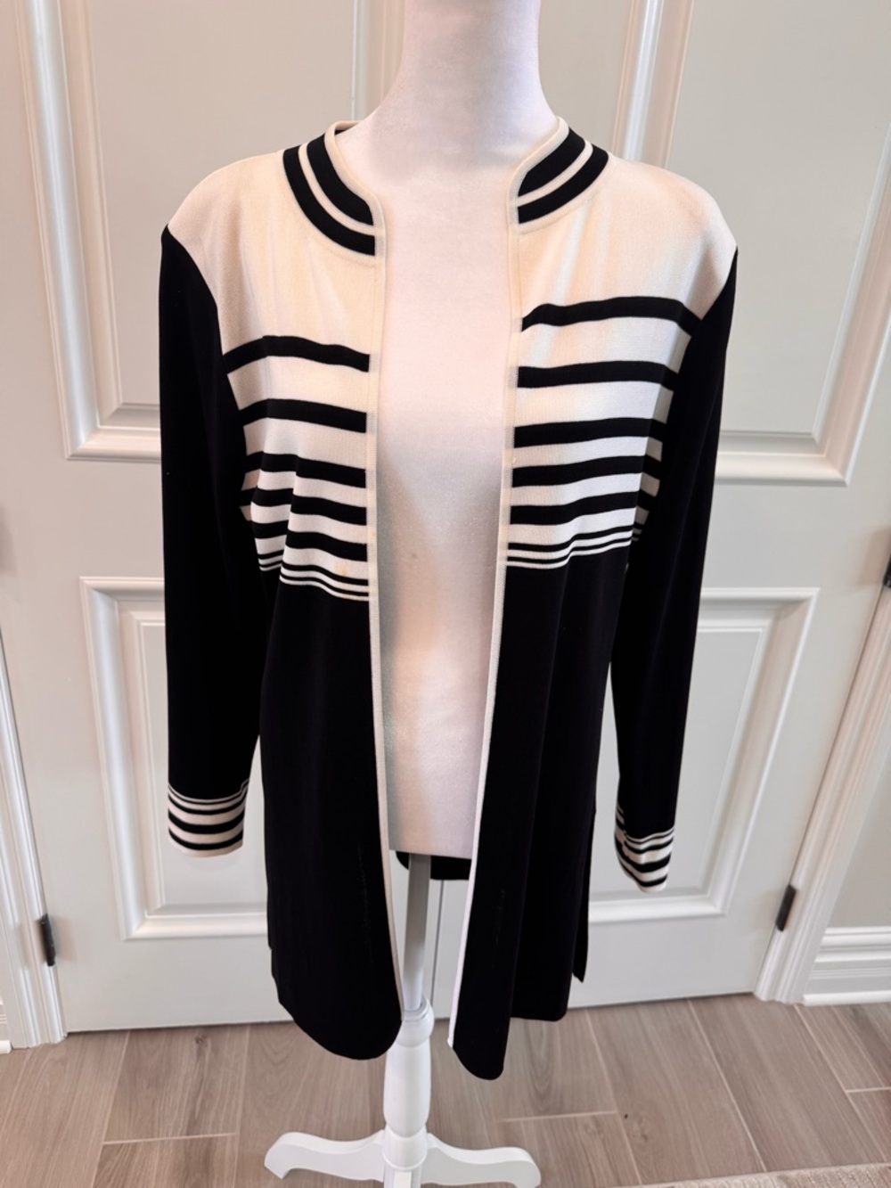 Misook Black and White Striped Open-Front Cardigan